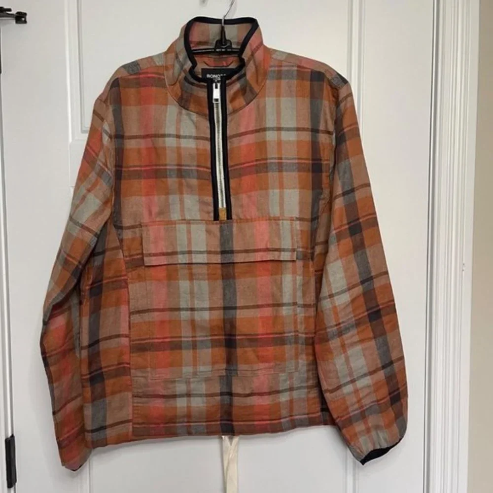Bonobos Men's  Plaid Rust‎ Color Long Sleeve 100% Linen Anorak Size Small NEW
